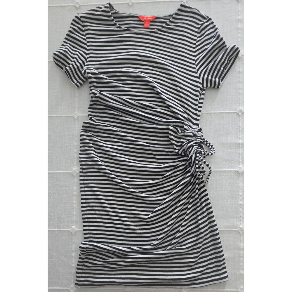 Joe Fresh Black White Striped Ruched Side Tie Short Sleeve T-Shirt Dress Medium